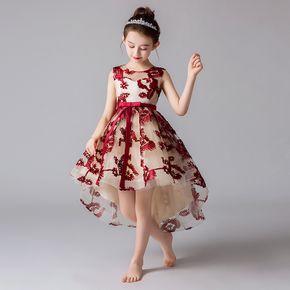 Kid Girl Pretty Flower Embroidered Asymmetric Hem Party Dress